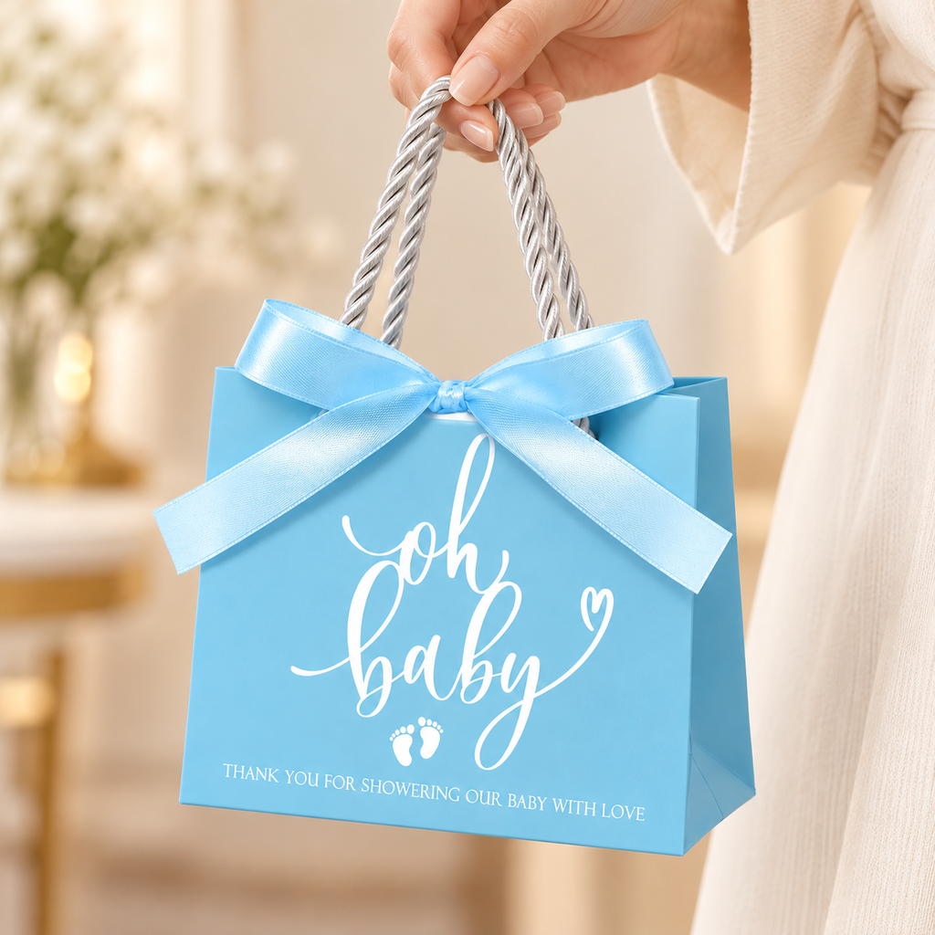 Blue Oh Baby Shower Favour Bags, 25 pc — being carried by its original handle