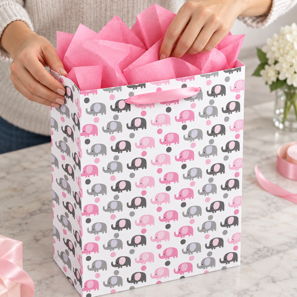 Pink and Grey Elephant Gift Bag with Card with tissue being placed into the opening from a high angle