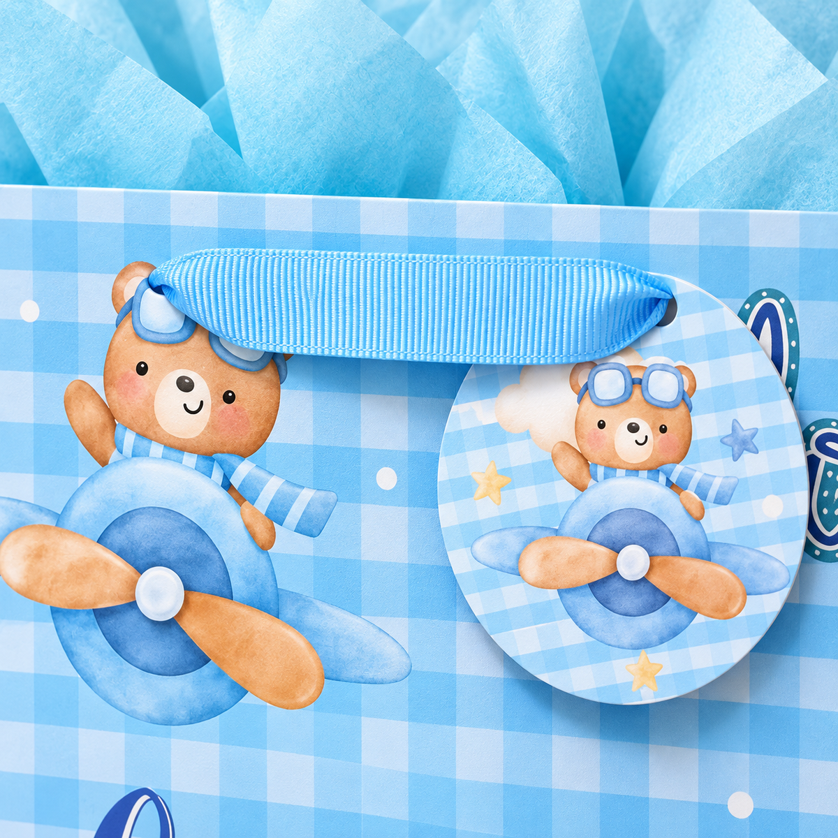 Blue Teddy Bear and Aeroplane Baby Gift Bags, 2 pc — close detail of the original ribbon handle and tag