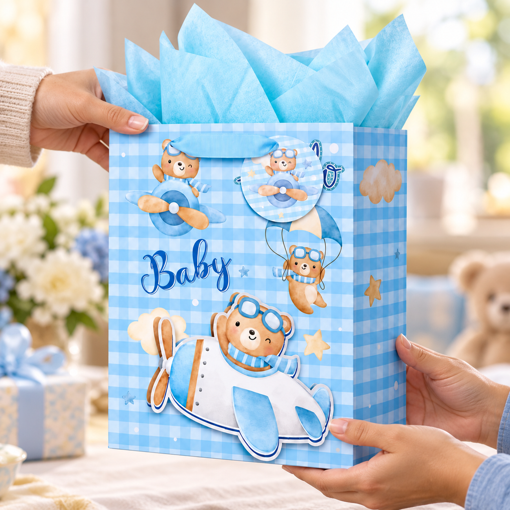 Blue Teddy Bear and Aeroplane Baby Gift Bags, 2 pc — being handed from one adult to another