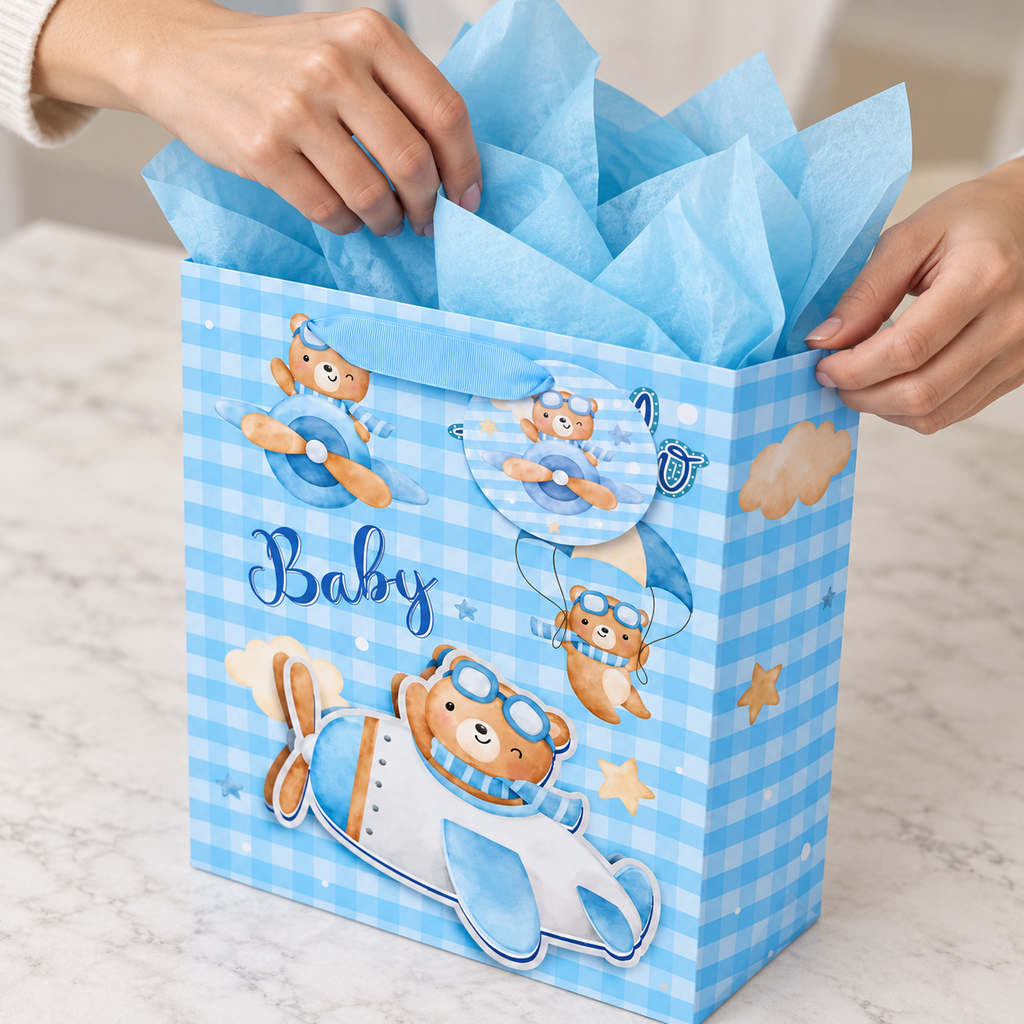 Blue Teddy Bear and Aeroplane Baby Gift Bags, 2 pc — high-angle tissue packing