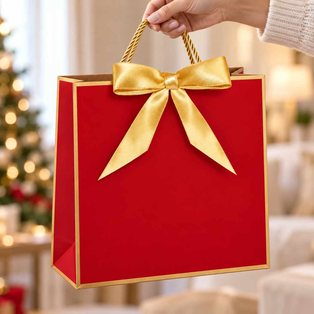 Red and Gold Bow Gift Bags, 12 pc being carried by the original handle