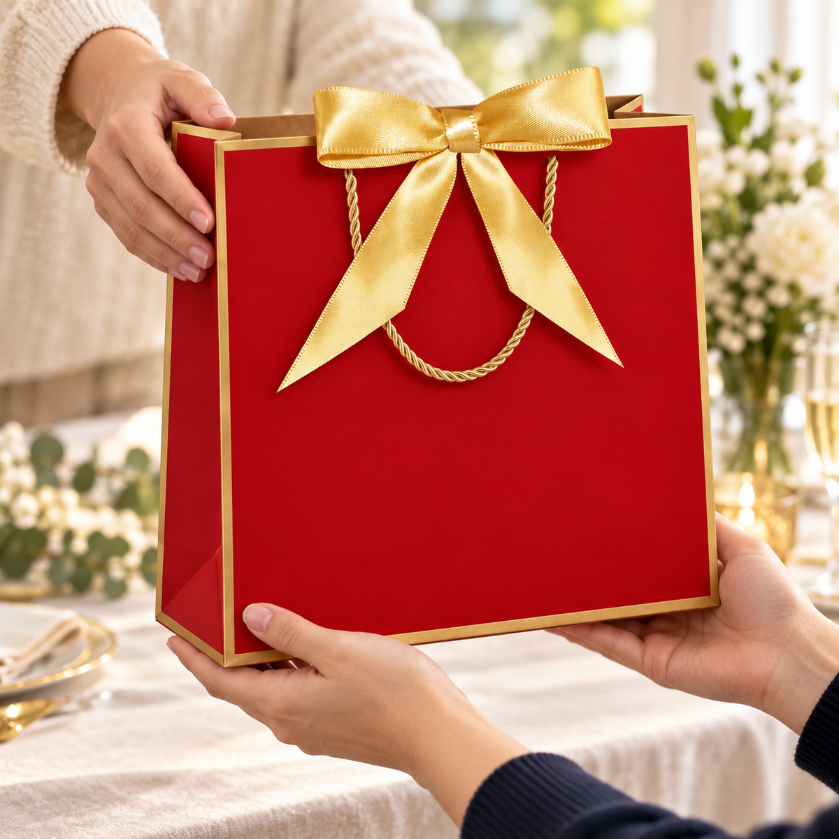 Red and Gold Bow Gift Bags, 12 pc being handed to another adult