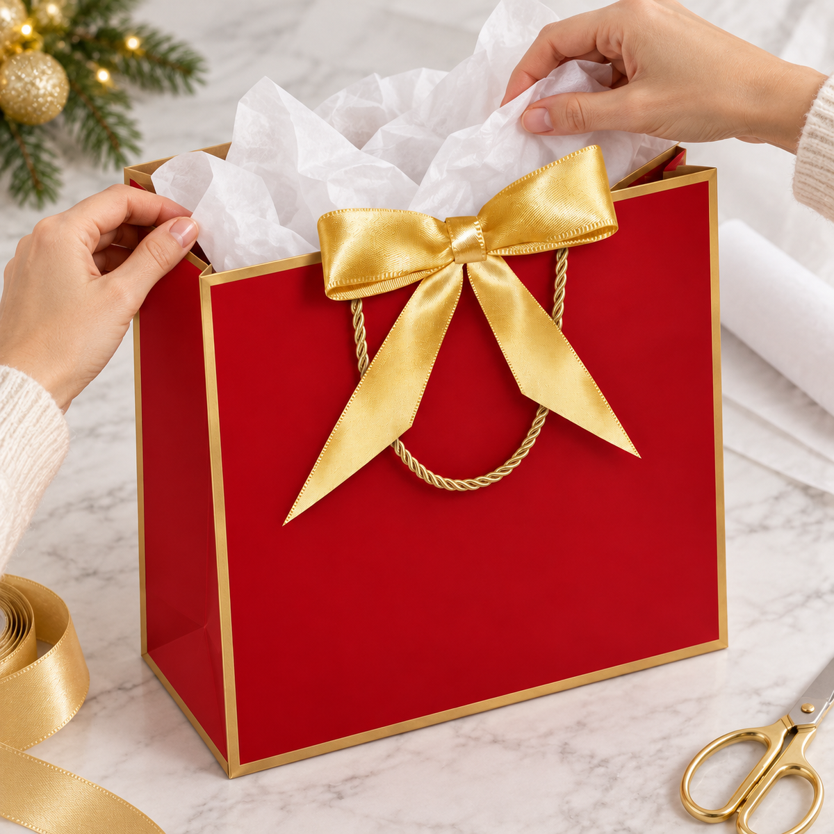 Red and Gold Bow Gift Bags, 12 pc with tissue being placed into the opening from a high angle