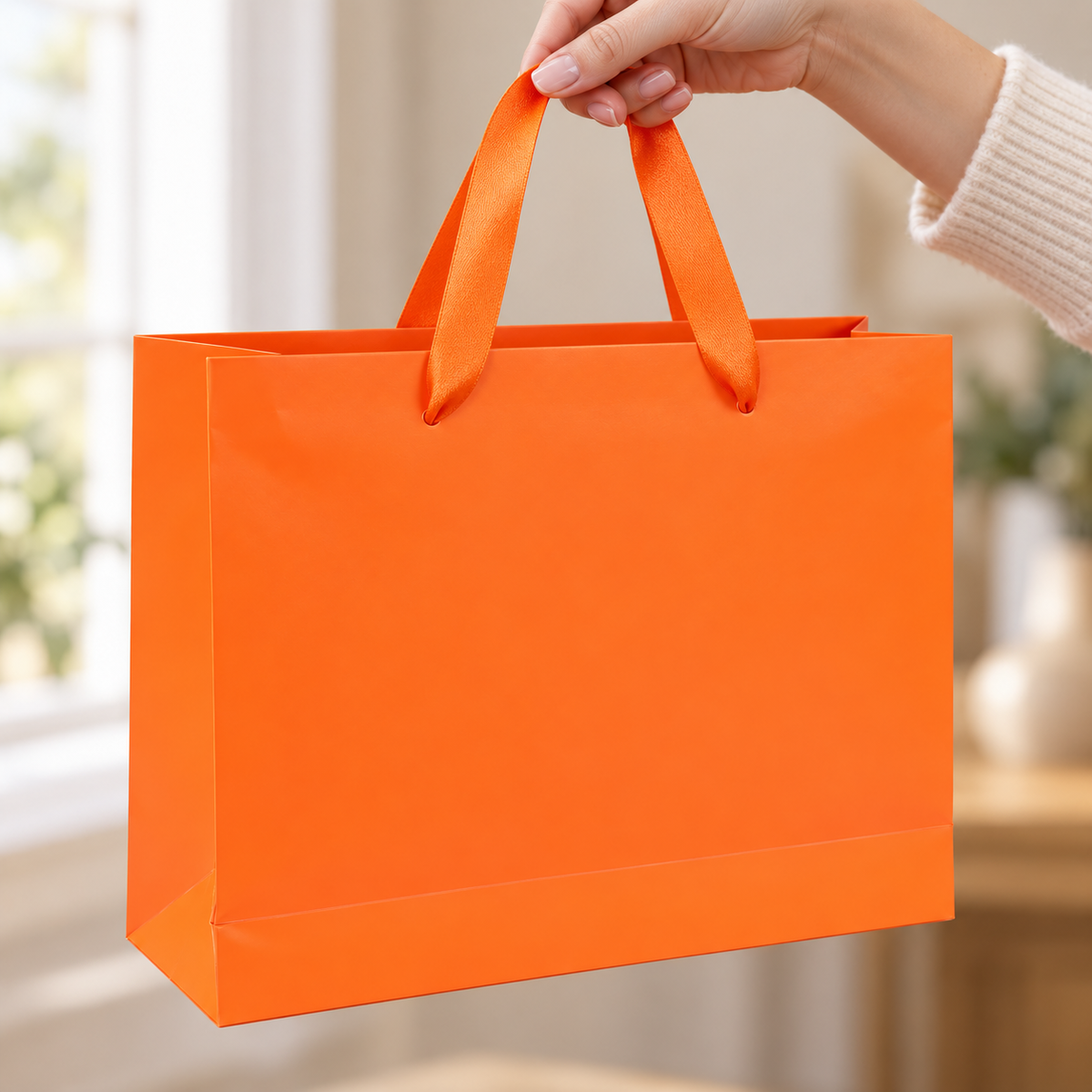 Orange Marble Paper Gift Bags with Ribbon Handles being carried by the original handle