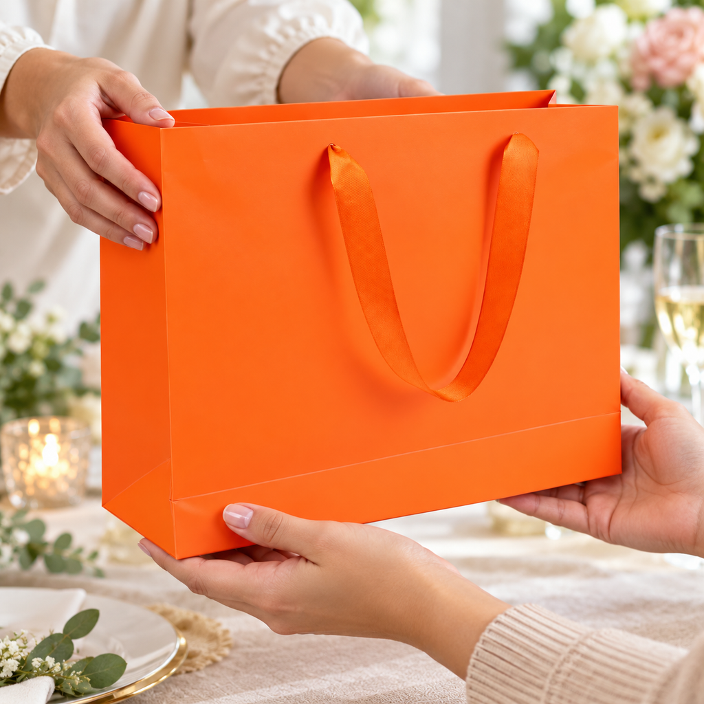 Orange Marble Paper Gift Bags with Ribbon Handles being handed to another adult