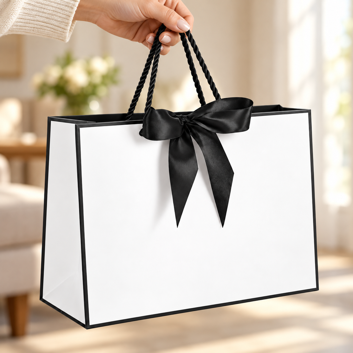 Black and White Bow Gift Bags, 10 pc being carried by the original handle