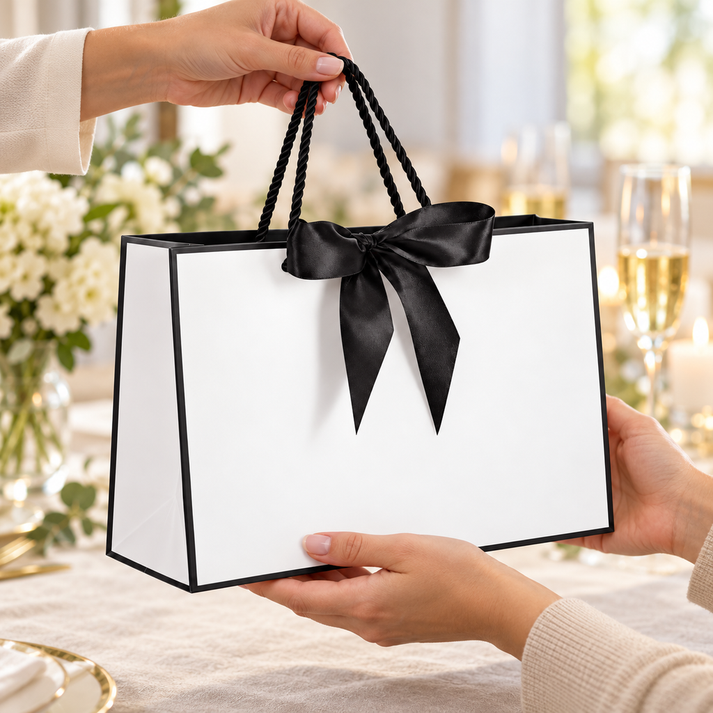 Black and White Bow Gift Bags, 10 pc being handed to another adult