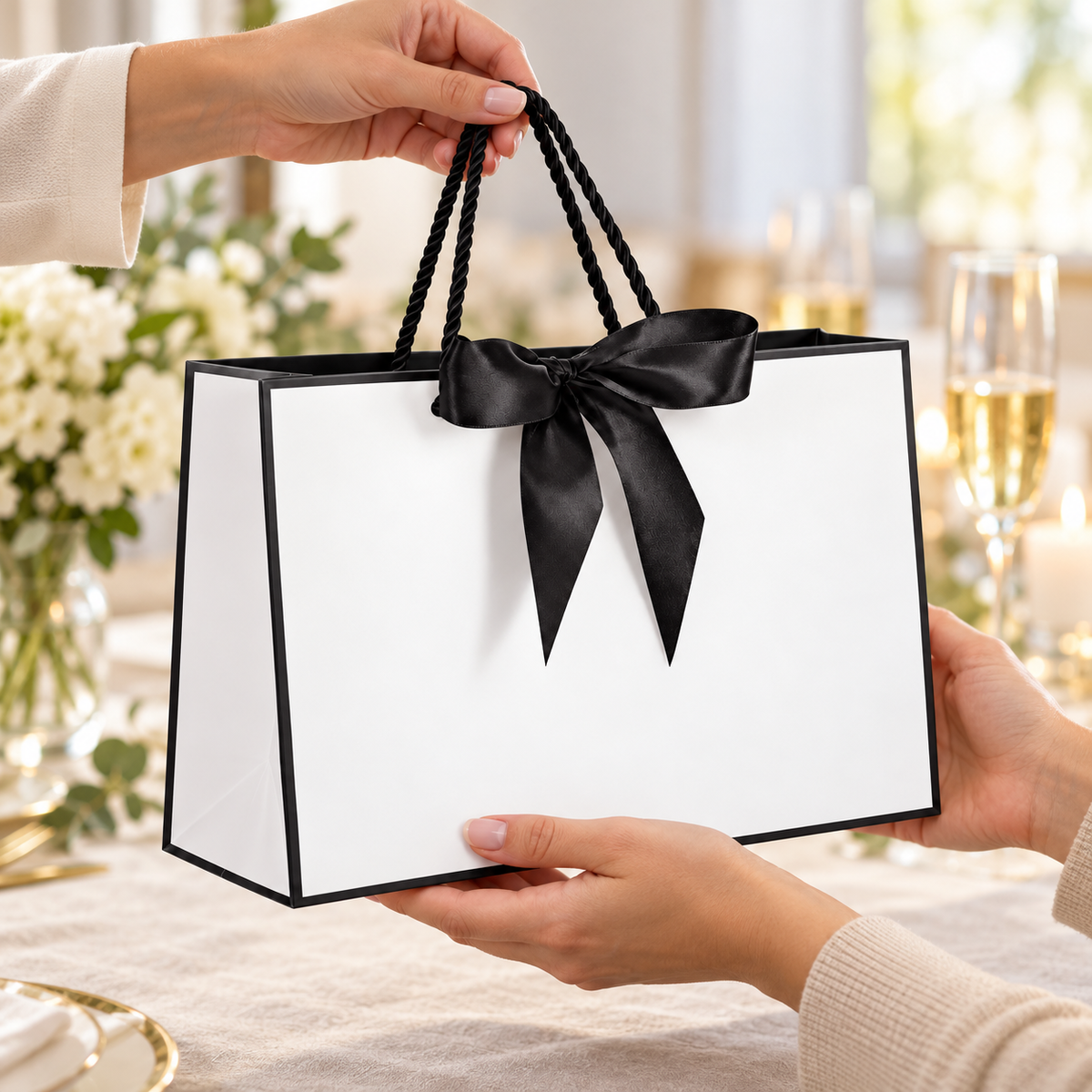 Black and White Bow Gift Bags, 10 pc being handed to another adult
