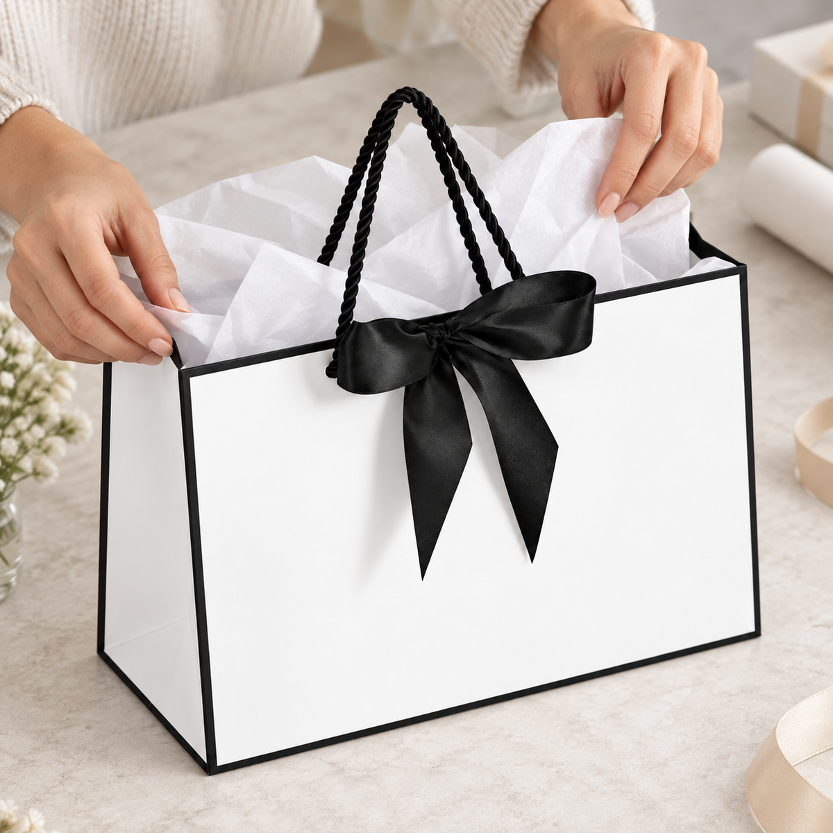 Black and White Bow Gift Bags, 10 pc with tissue being placed into the opening from a high angle