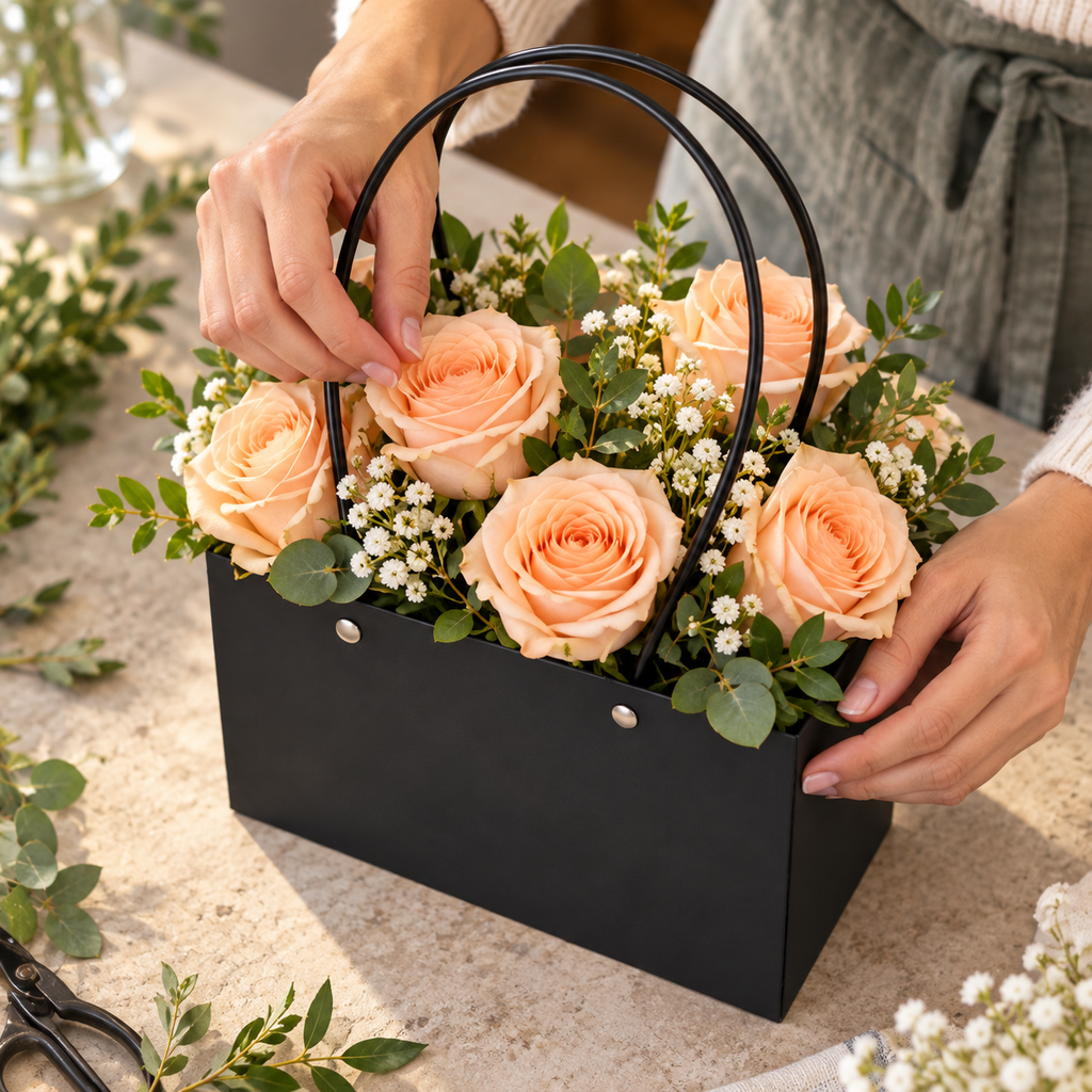Black Bouquet Gift Bags with Handles, 30 pc — high-angle flower arranging