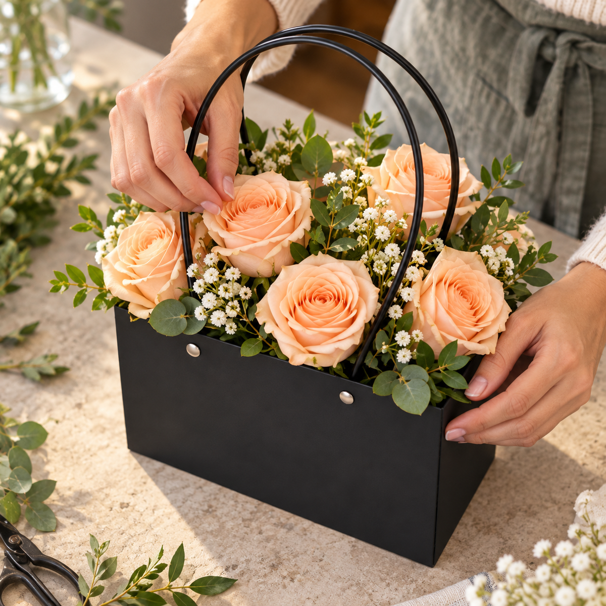 Black Bouquet Gift Bags with Handles, 30 pc — high-angle flower arranging