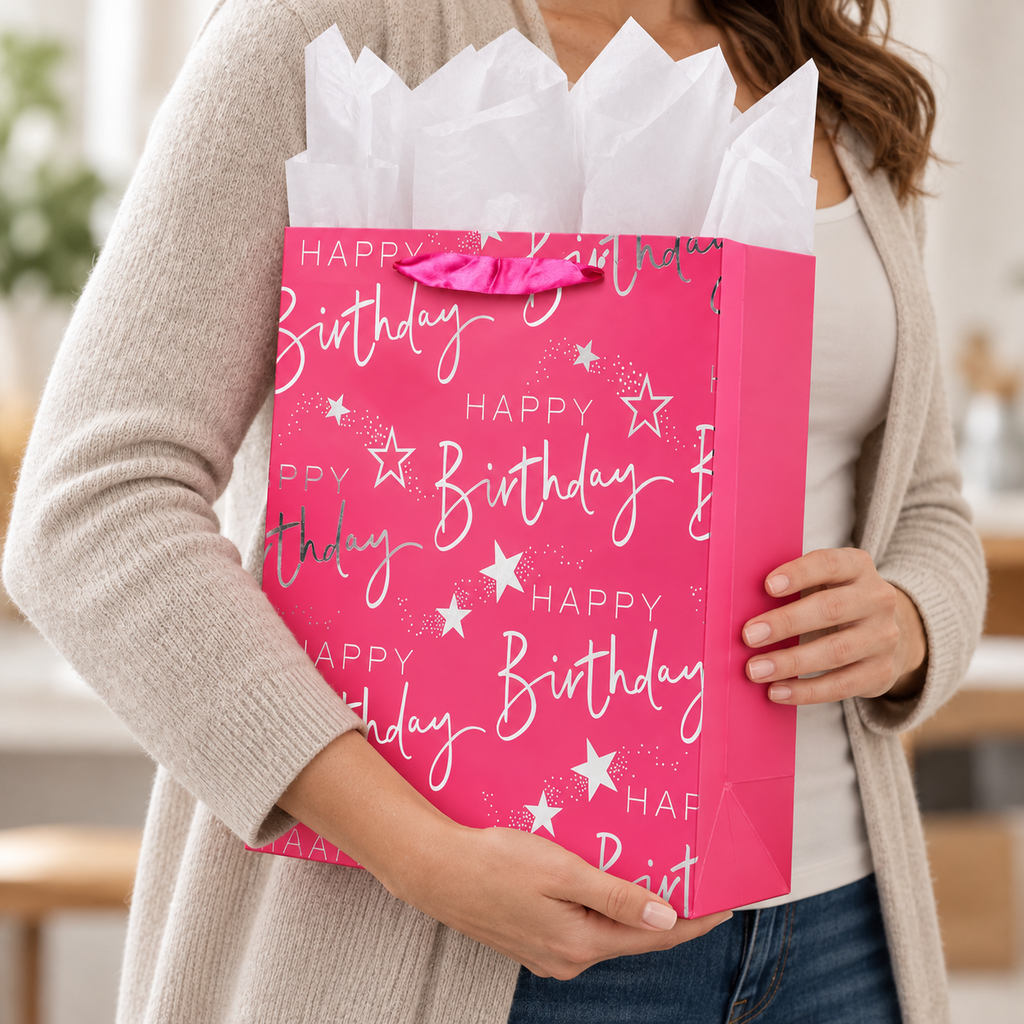 Pink and Silver Birthday Gift Bag with Card carried by an adult