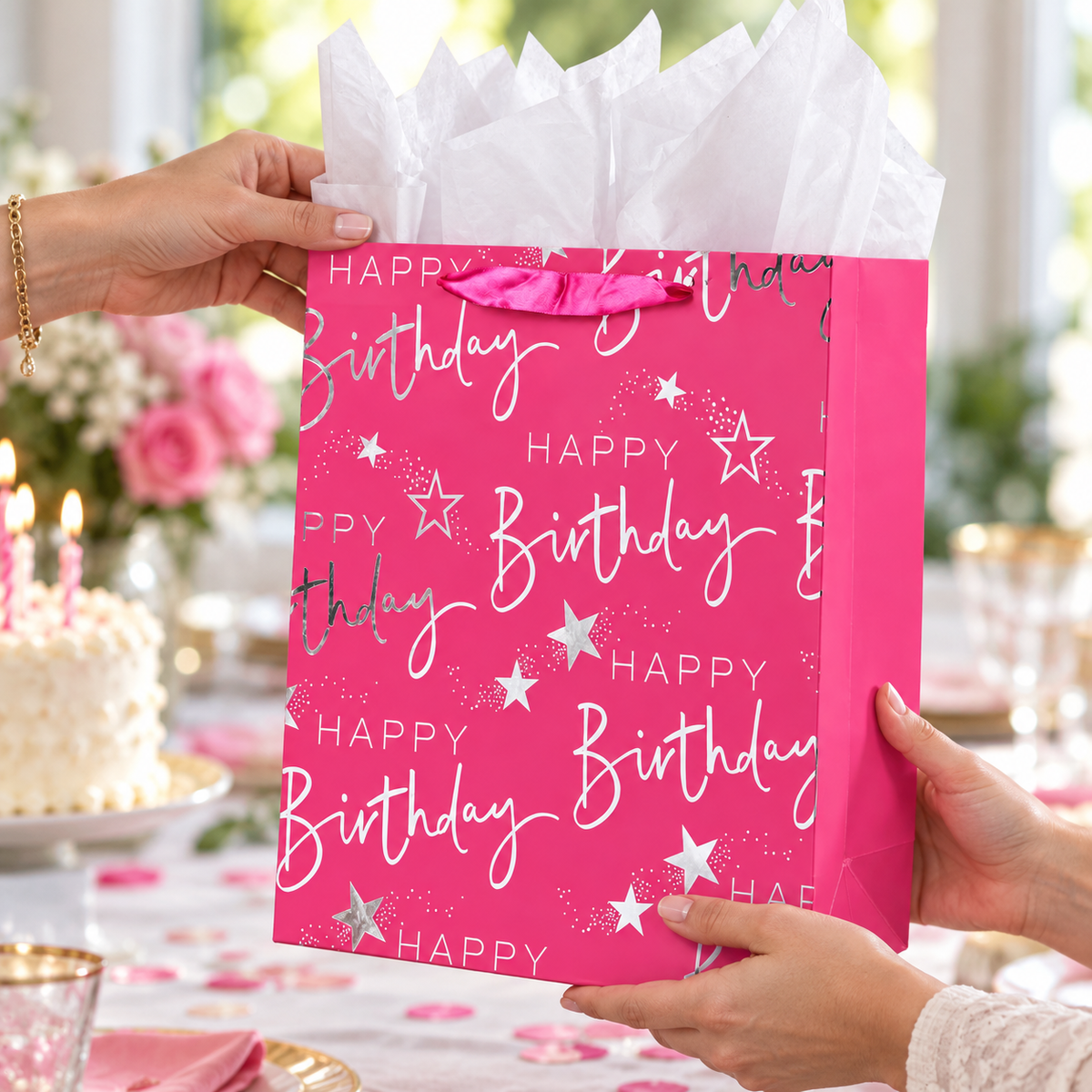 Pink and Silver Birthday Gift Bag with Card being handed to another adult