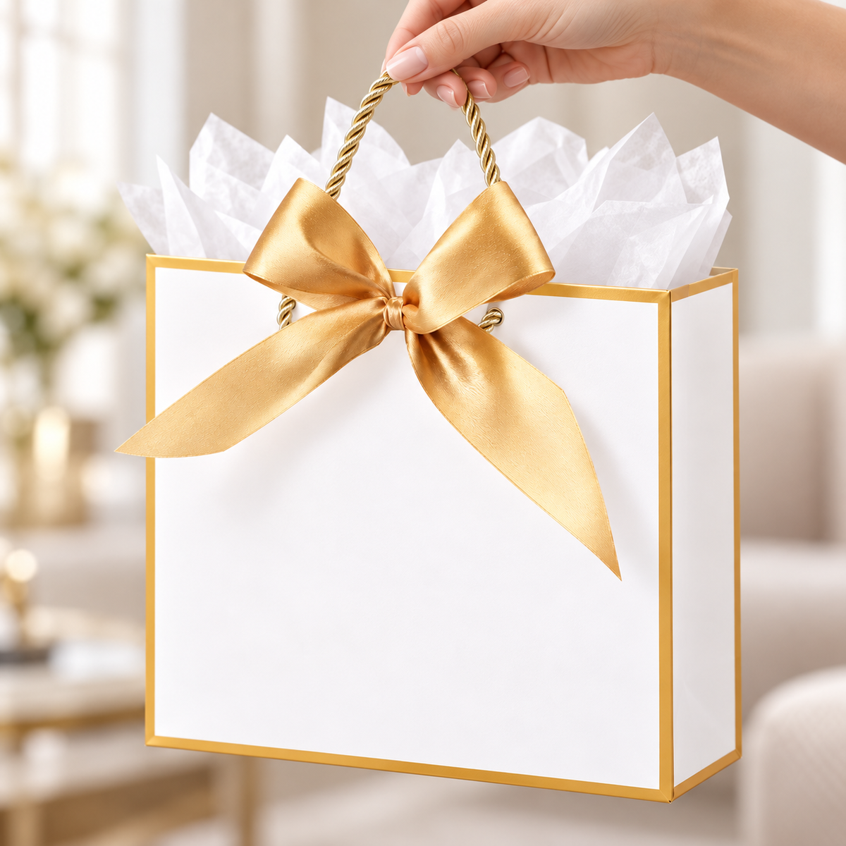 White and Gold Bow Gift Bags, 2 pc — being carried by its original handle