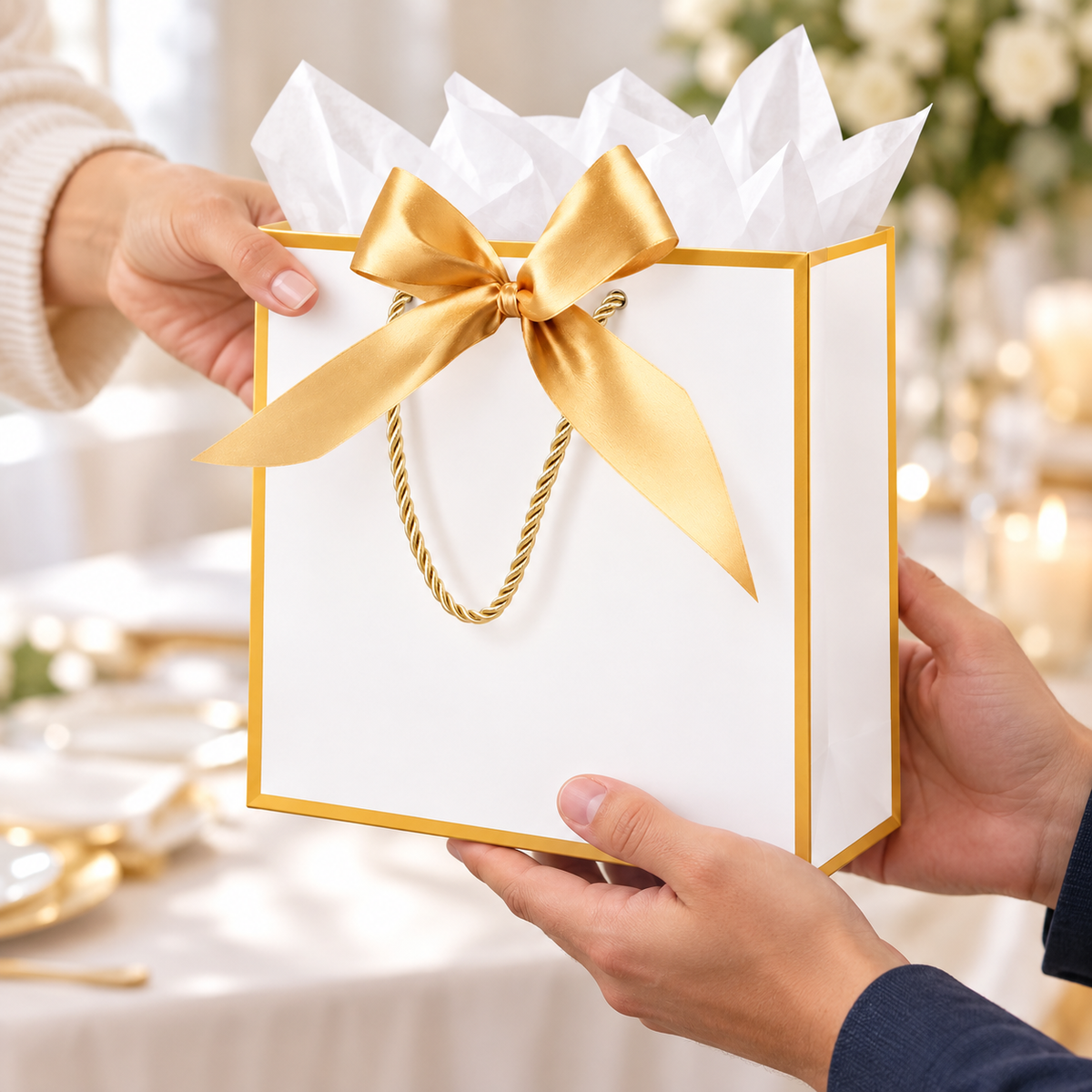 White and Gold Bow Gift Bags, 2 pc — being handed from one adult to another