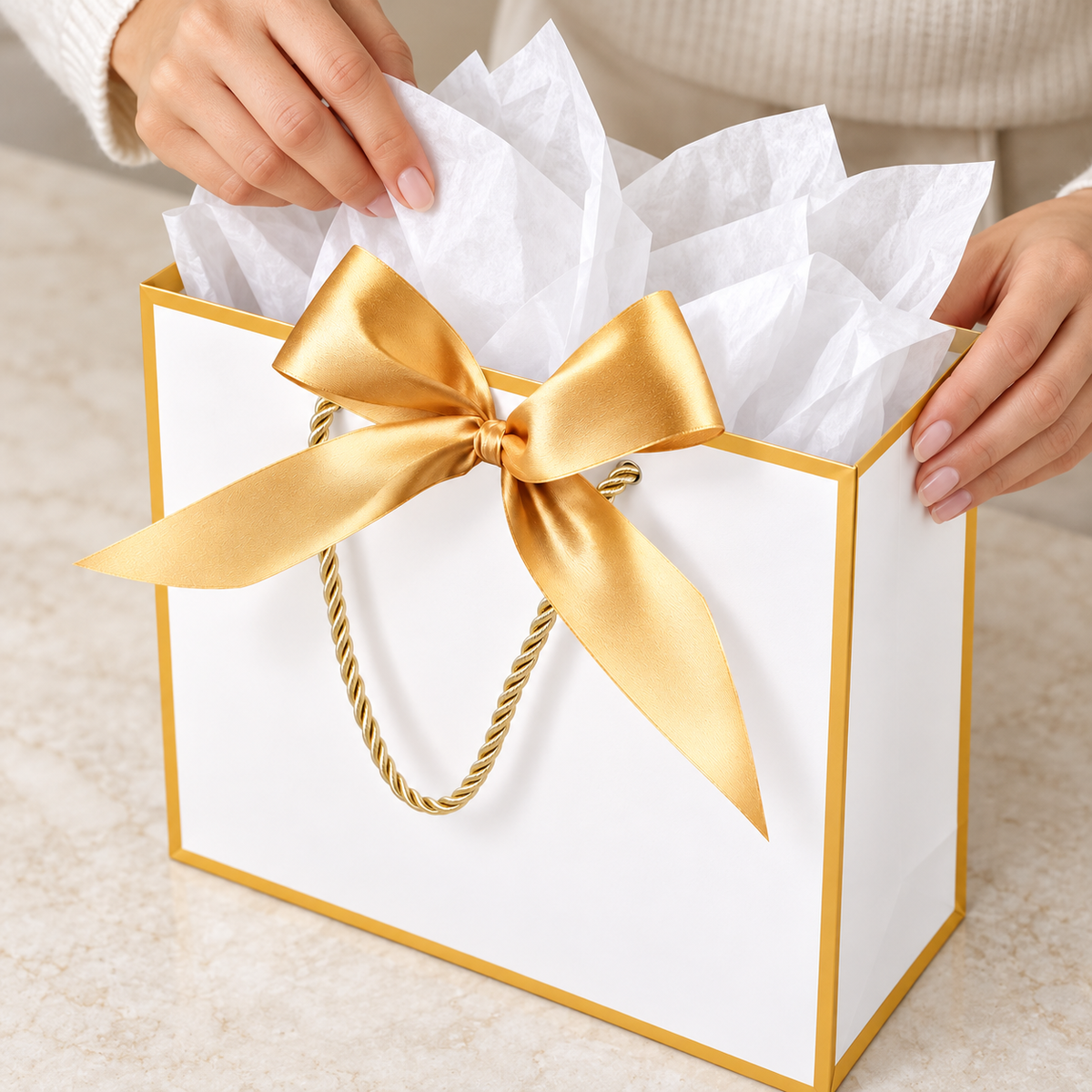 White and Gold Bow Gift Bags, 2 pc — high-angle tissue packing