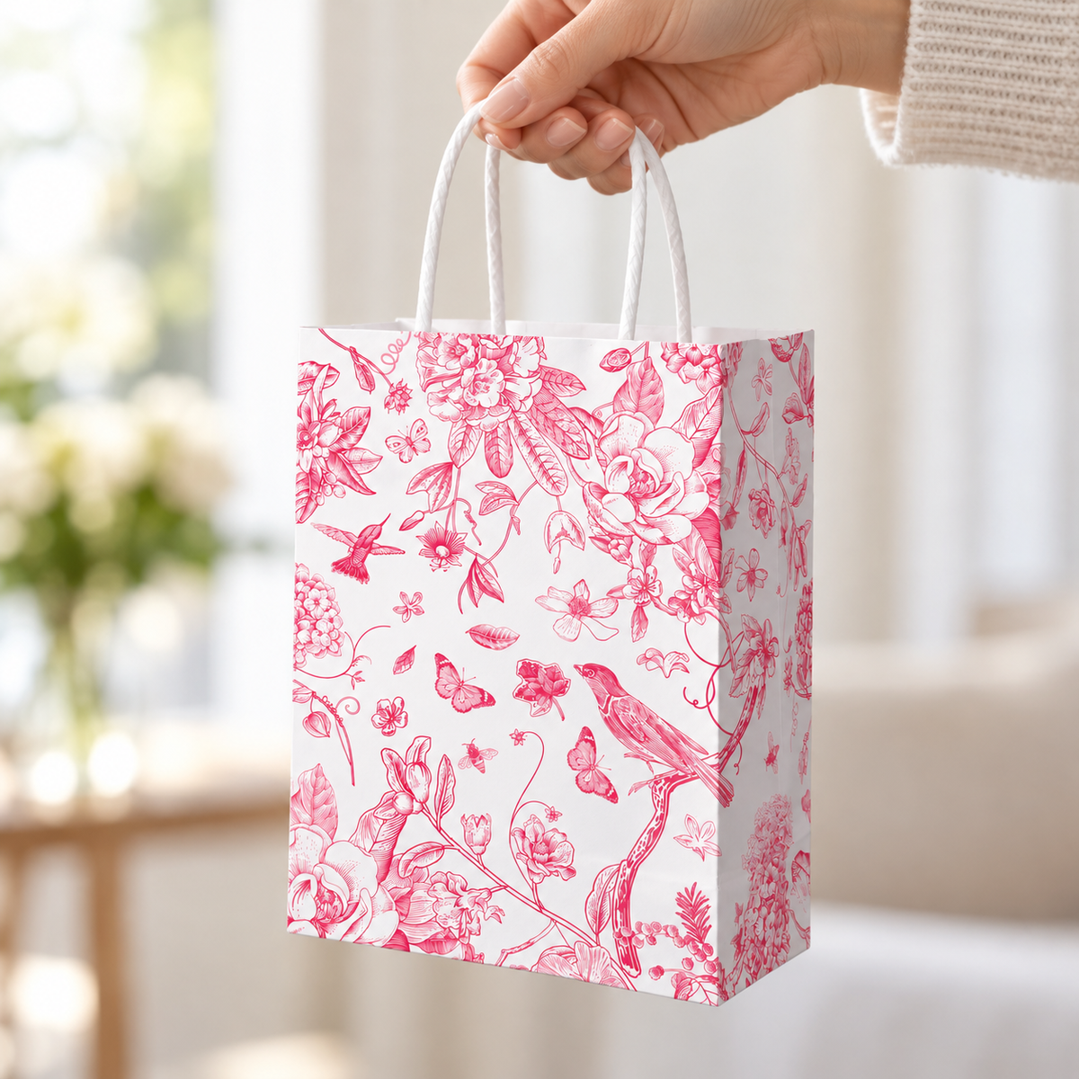 Pink Floral and Bird Paper Gift Bags, 16 pc — being carried by its original handle
