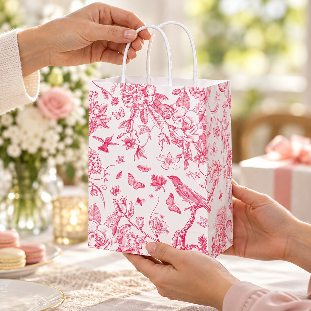 Pink Floral and Bird Paper Gift Bags, 16 pc — being handed from one adult to another