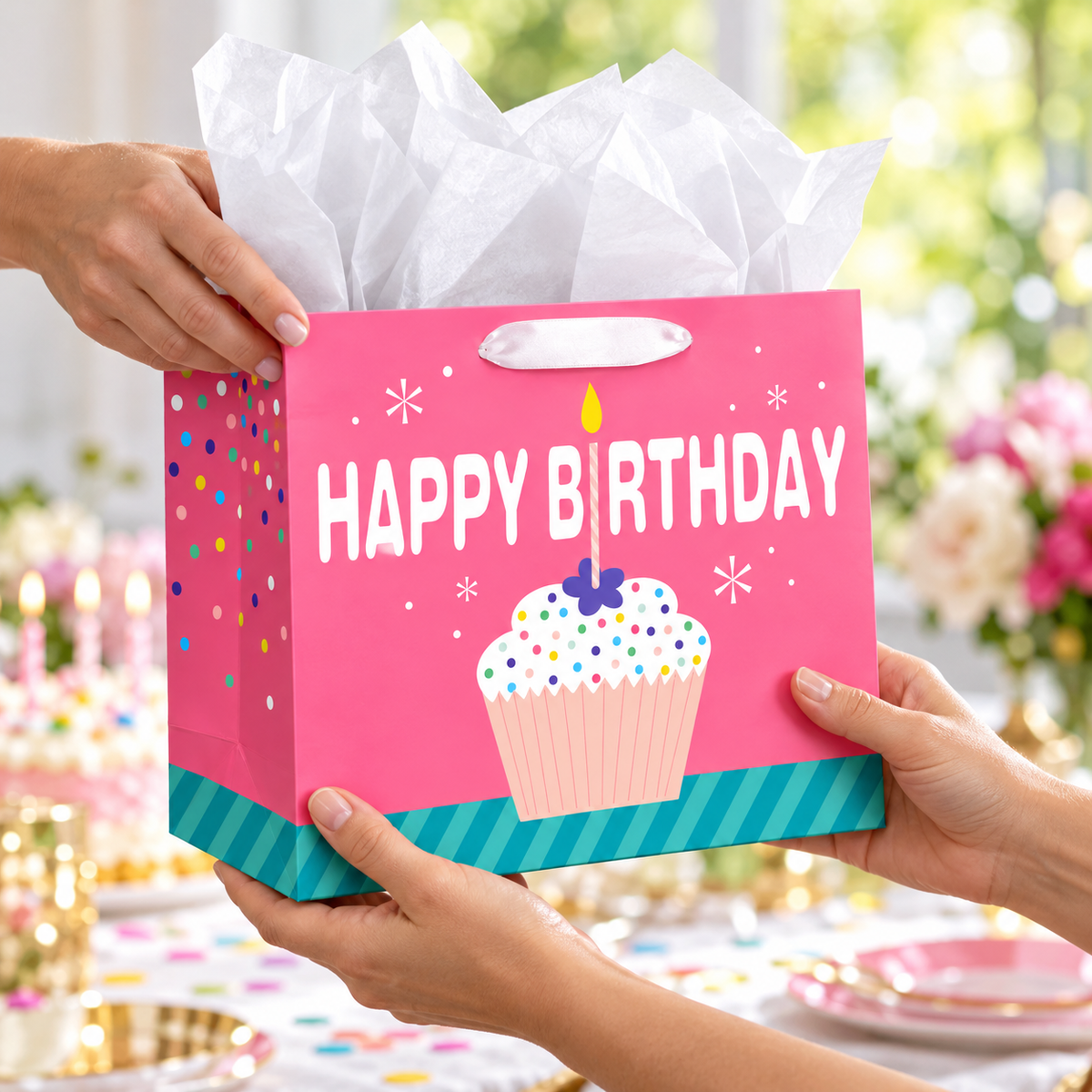 Pink Cupcake Birthday Gift Bag with Card and Tissue being handed to another adult