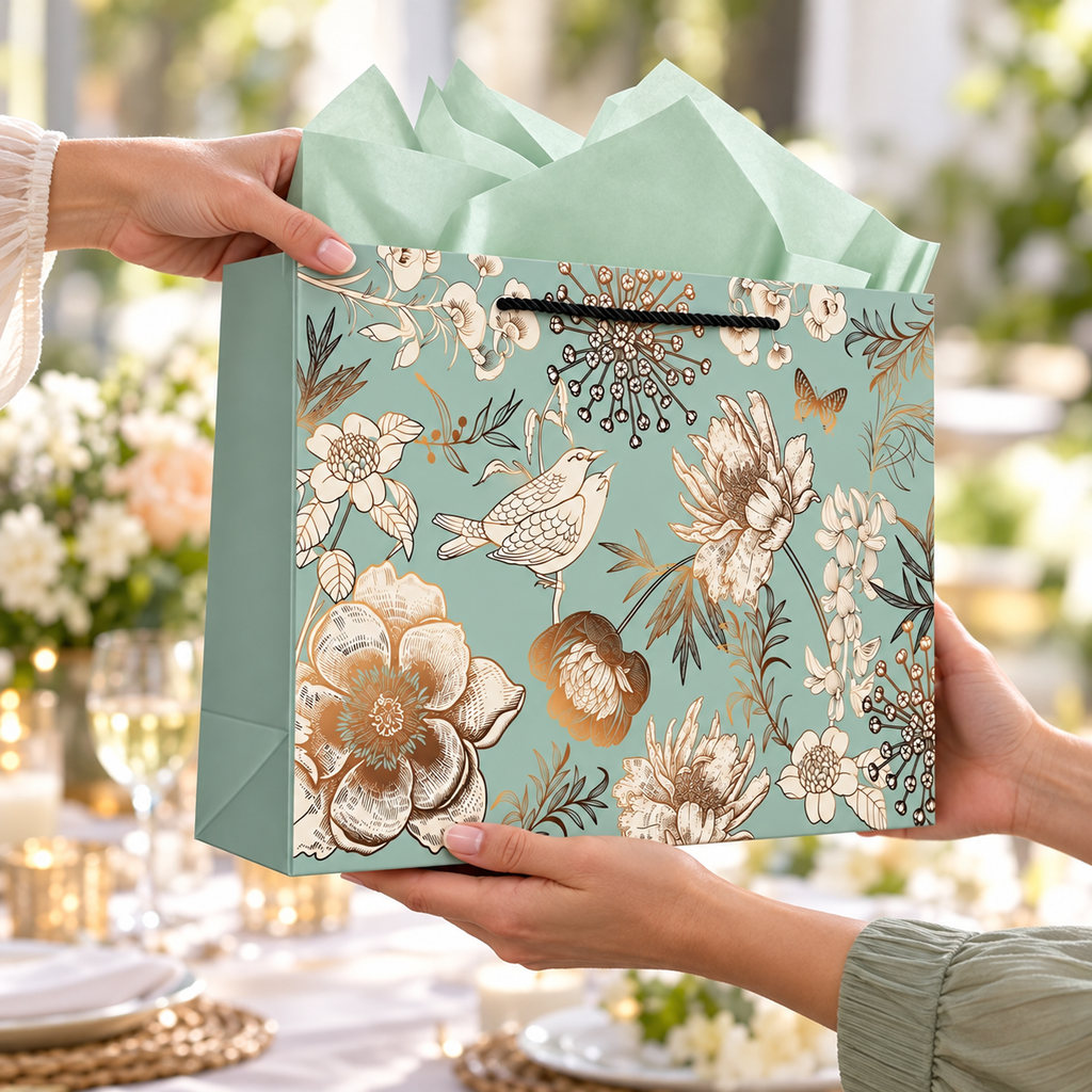 Green Floral and Bird Gift Bag with Tissue and Card being handed to another adult
