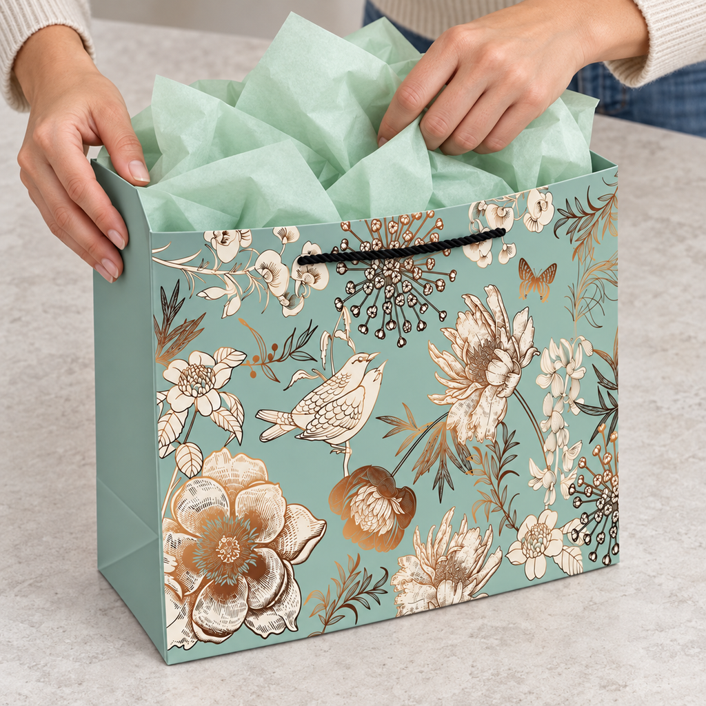 Green Floral and Bird Gift Bag with Tissue and Card with tissue being placed into the opening