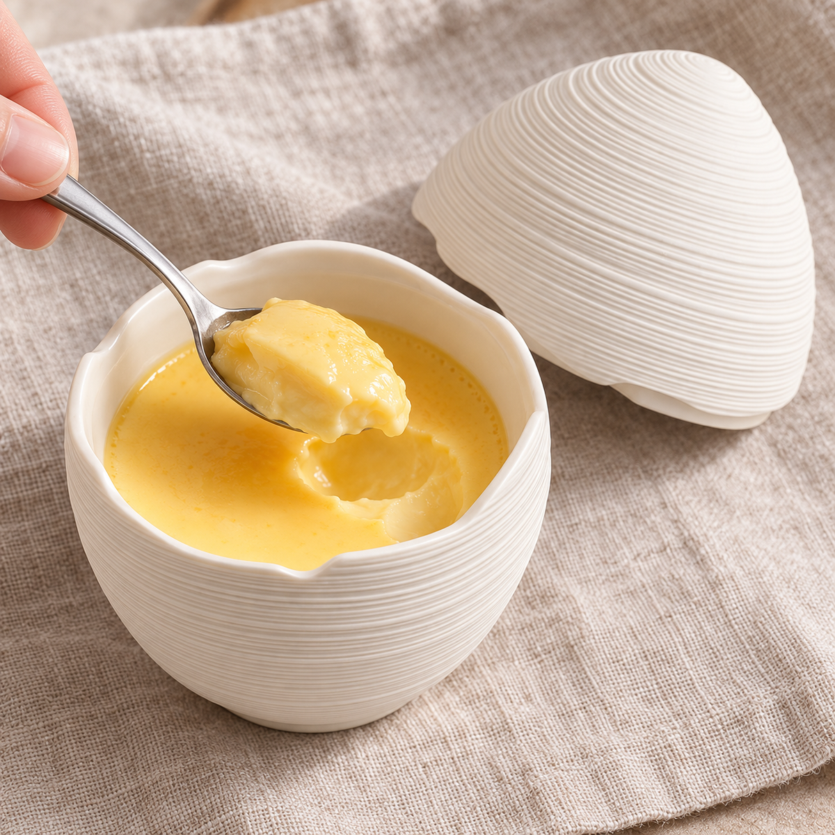 High-angle spooning custard from the open egg-shaped ceramic bowl with matching lid