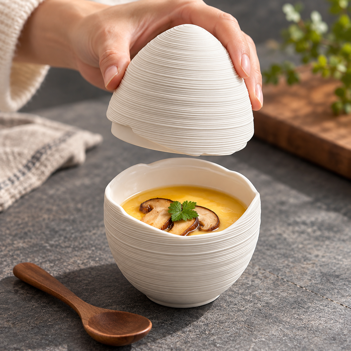 Lidded ceramic egg bowl serving savory egg custard
