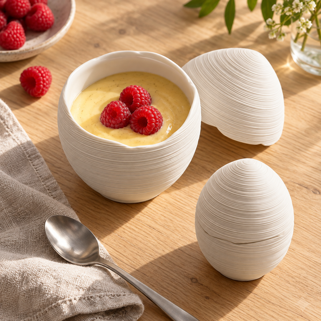 Two ceramic egg bowl sizes with dessert serving