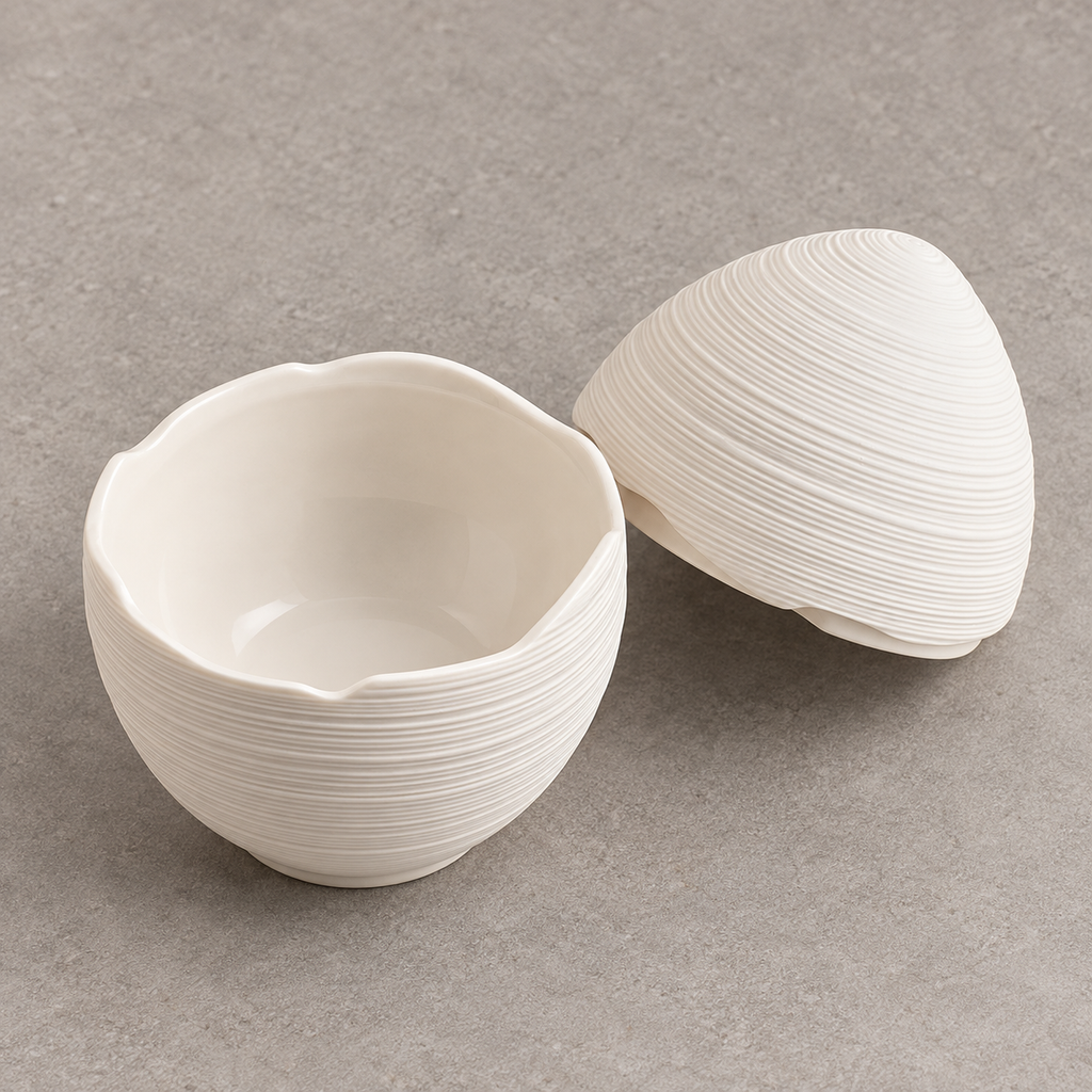 Open ceramic egg bowl showing ridged texture and matching lid