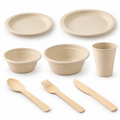 Representative natural-beige plant-fibre plates, bowls, cup and cutlery on white; sample shapes shown, not the complete 200-piece quantity.