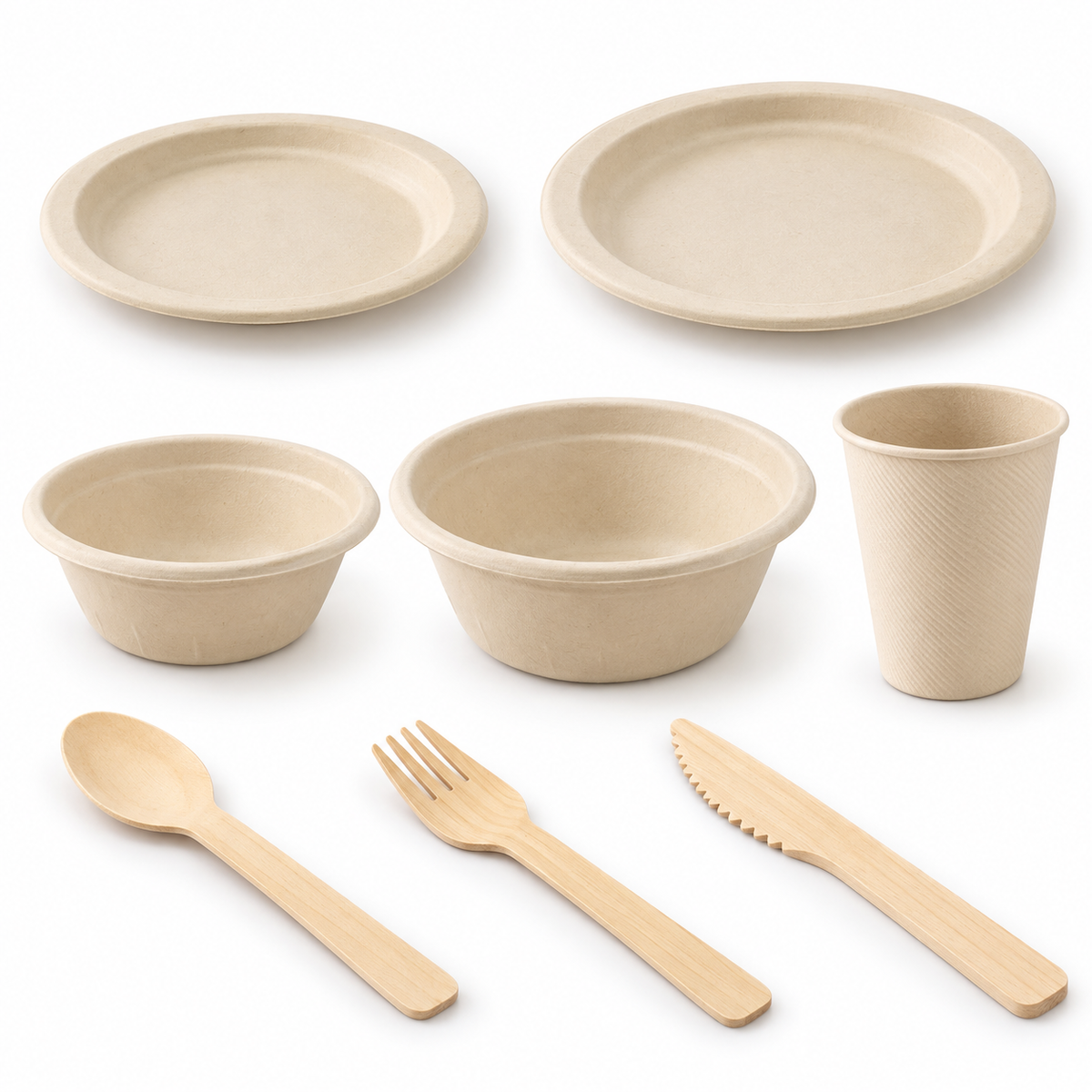 Representative natural-beige plant-fibre plates, bowls, cup and cutlery on white; sample shapes shown, not the complete 200-piece quantity.