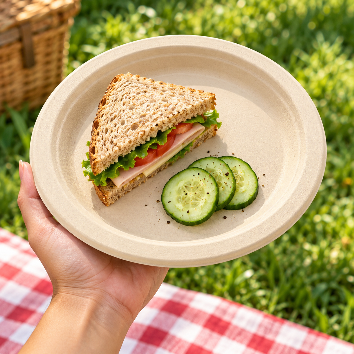 A natural-beige plant-fibre plate held in one hand at a picnic with a small sandwich and cucumber. Food and picnic accessories are not included.