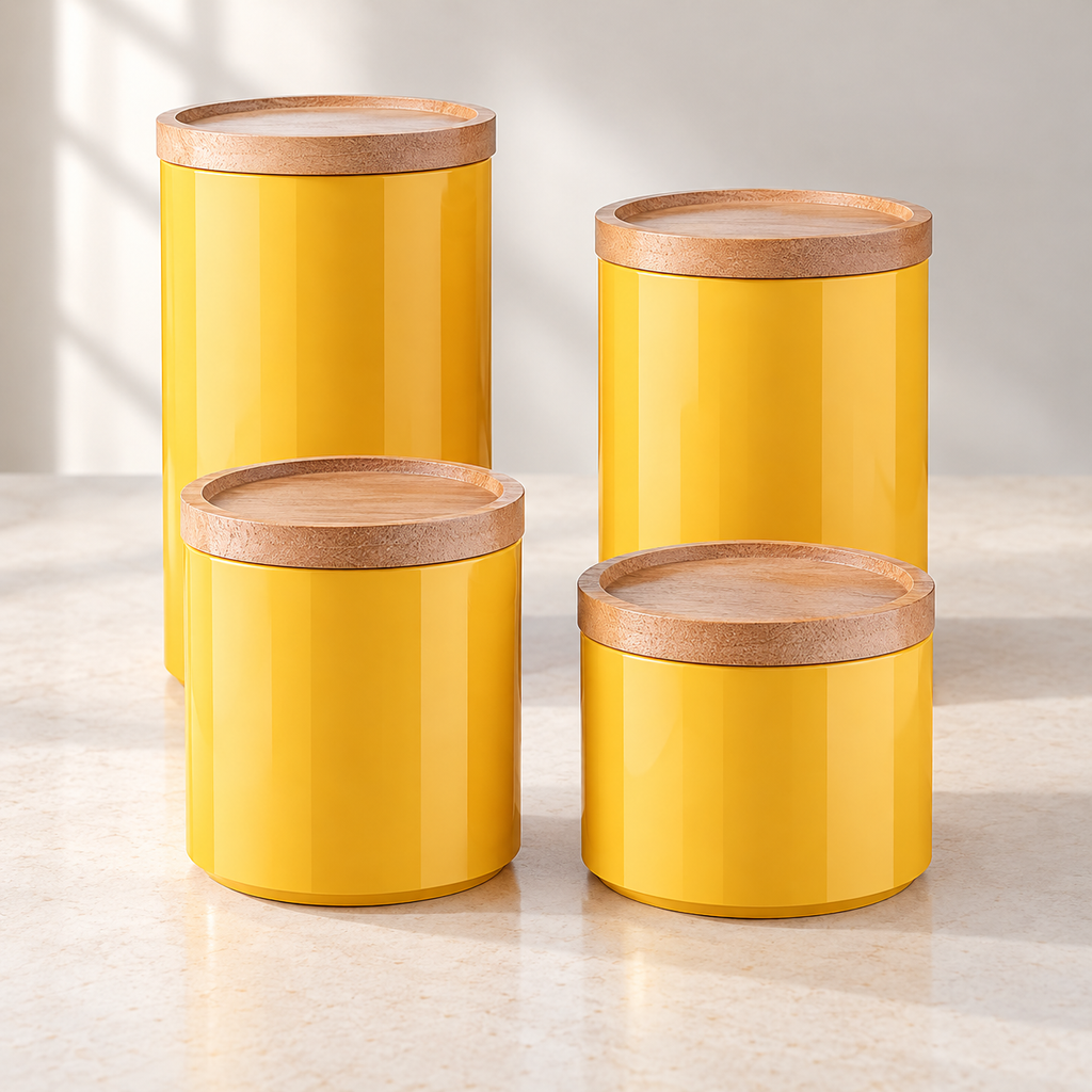 Four closed yellow canisters arranged as two taller and two shorter pairs on a styled countertop.