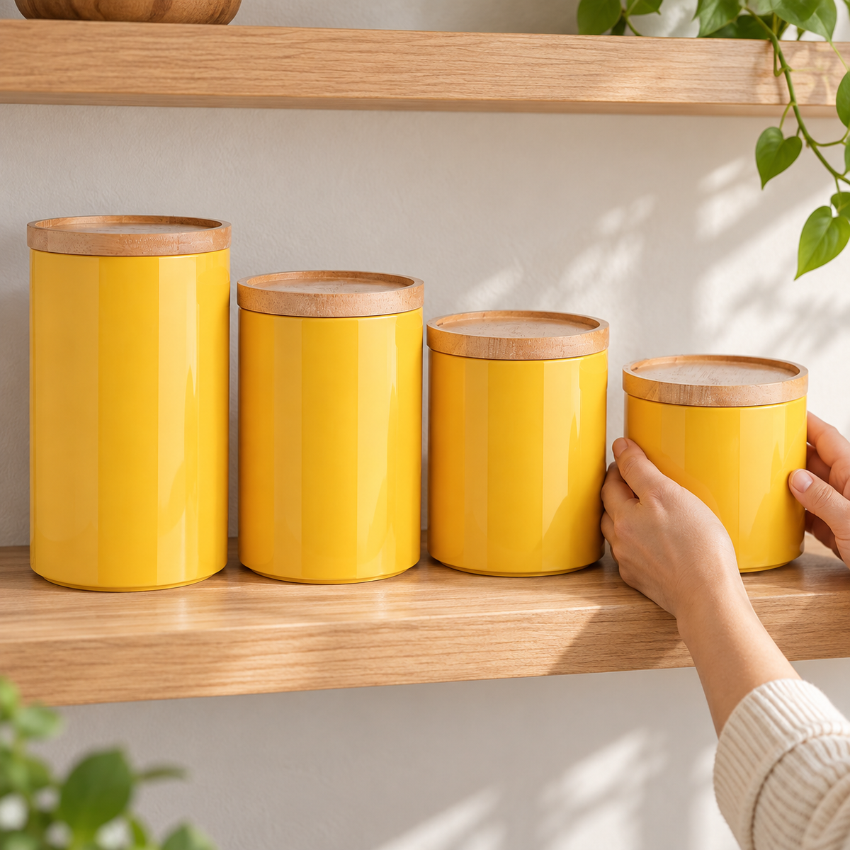 Hands place a short yellow canister beside three closed canisters; shelf, bowl and plants are styling props.
