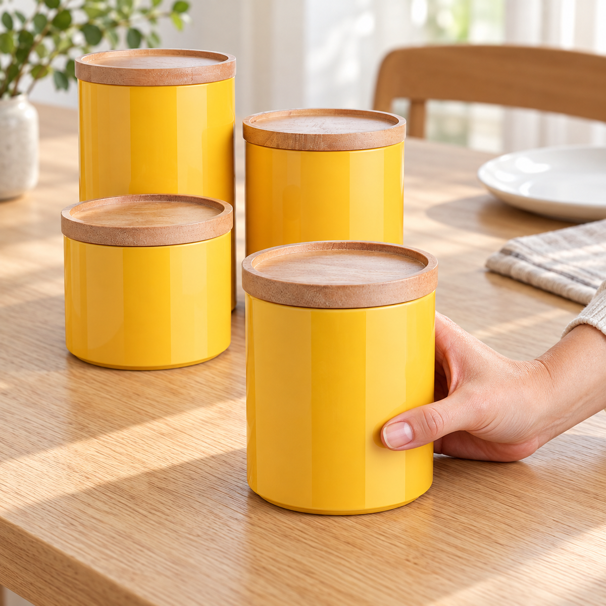 Hand moves a closed yellow canister with three behind; plate, linen, chair and flowers are styling props.