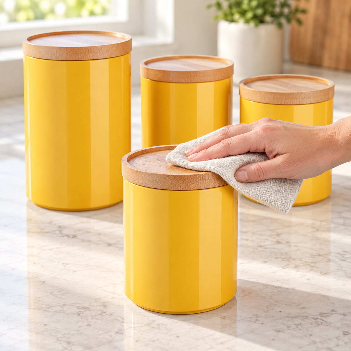 Hand wipes a closed canister lid with a cloth; three yellow canisters behind, with plant and board as props.