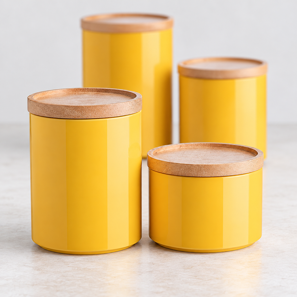 Two closed yellow canisters show recessed wooden lid rims; two more canisters are softly blurred behind.