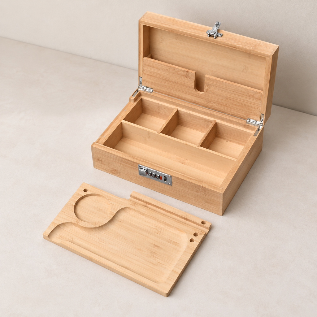 Open wood storage box with three small rear compartments, one long front compartment, and the removable recessed board placed in front.