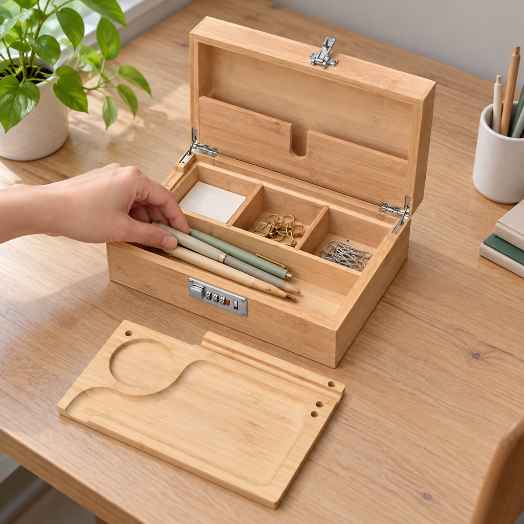 Hand placing pens and pencils in the open wood box, with memo paper and clips in the rear compartments and the board beside it; stationery and decor not included.