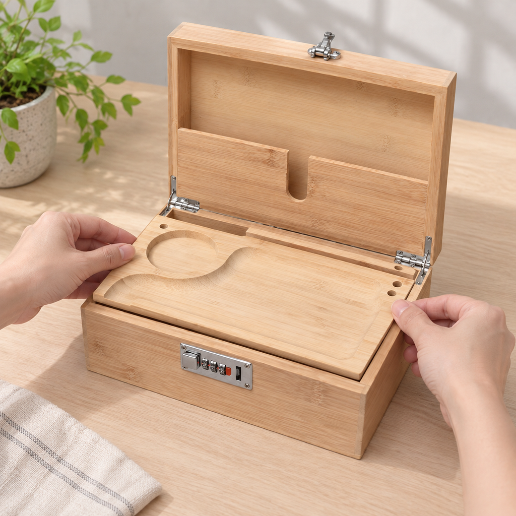 Hands lowering the removable recessed board into the open wood storage box, with its U-cutout lid pocket visible; plant and cloth not included.