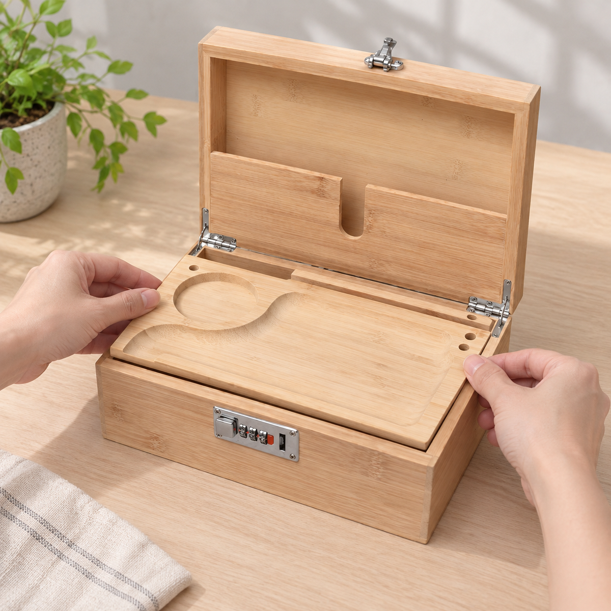 Hands lowering the removable recessed board into the open wood storage box, with its U-cutout lid pocket visible; plant and cloth not included.