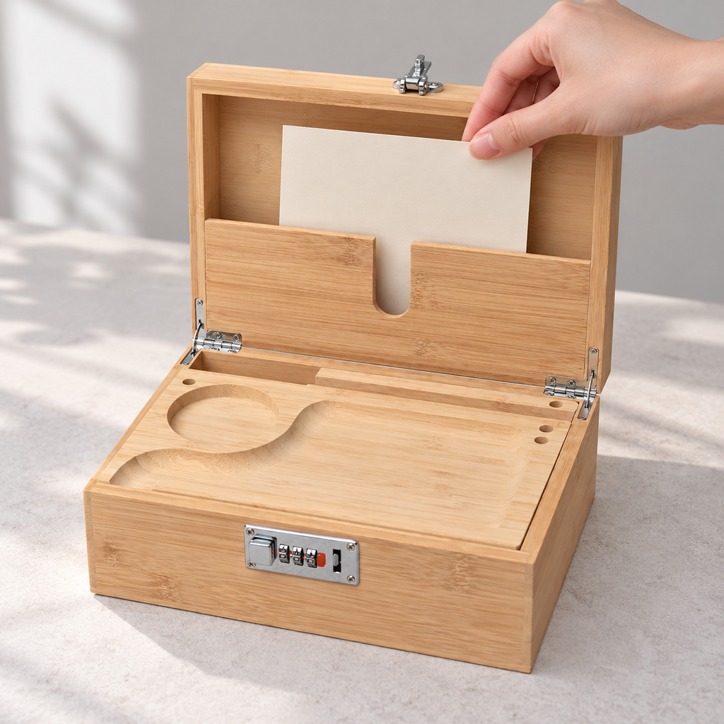 Hand sliding a plain paper card into the wood box's U-cutout inner lid pocket above the seated board; paper card not included.