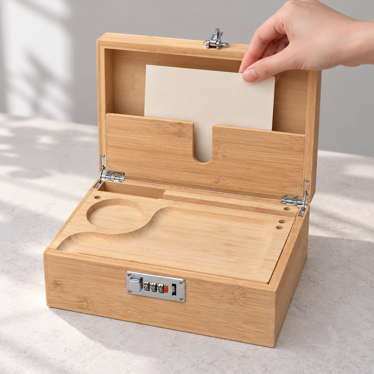 Hand sliding a plain paper card into the wood box's U-cutout inner lid pocket above the seated board; paper card not included.