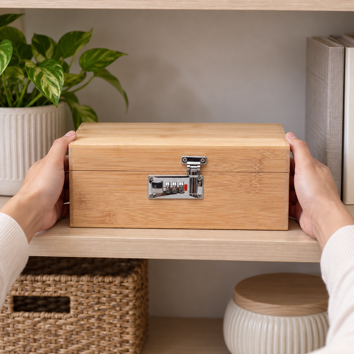 Hands placing the closed wood storage box on an open shelf with the silver three-wheel latch facing forward; shelf and decor not included.