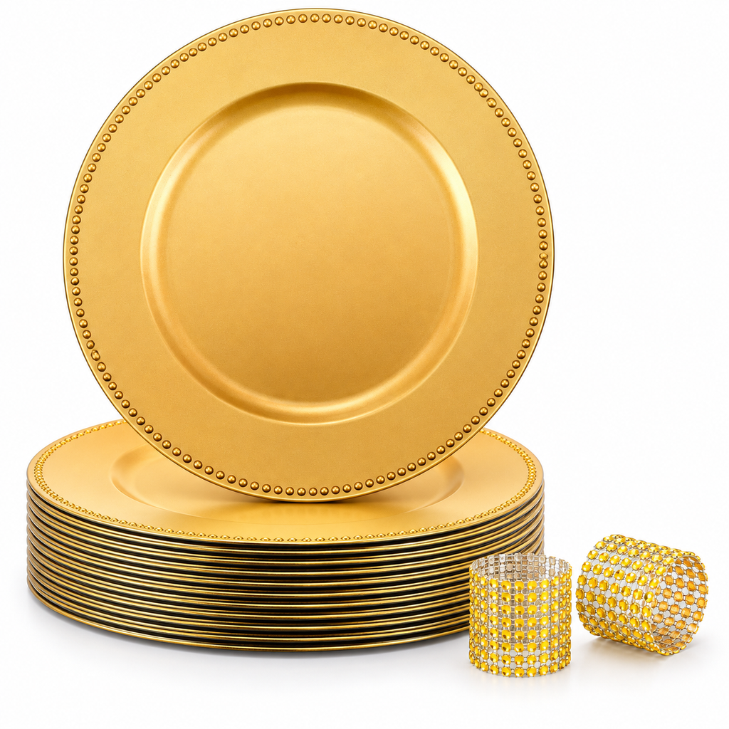 Gold beaded charger plates and open-mesh napkin rings on a clean white background. Dinner plates, napkins, food and extra decor are styling props, not included.