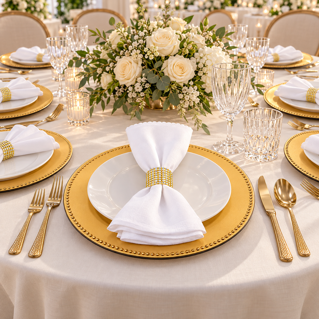 Gold beaded chargers and open-mesh napkin rings on a full dining table. Dinner plates, napkins, food and extra decor are styling props, not included.