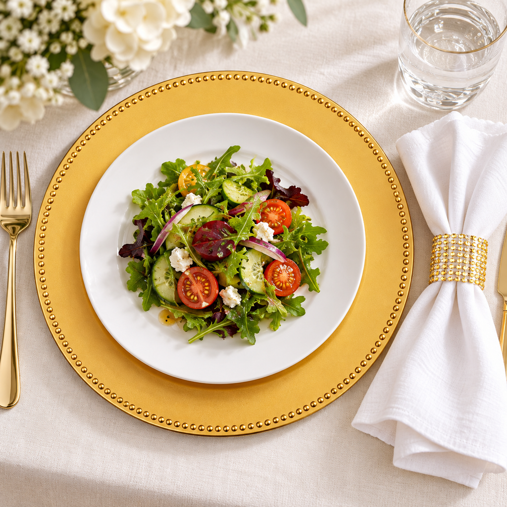 Gold beaded charger beneath a dinner plate with an open-mesh napkin ring in a close place setting. Dinner plates, napkins, food and extra decor are styling props, not included.