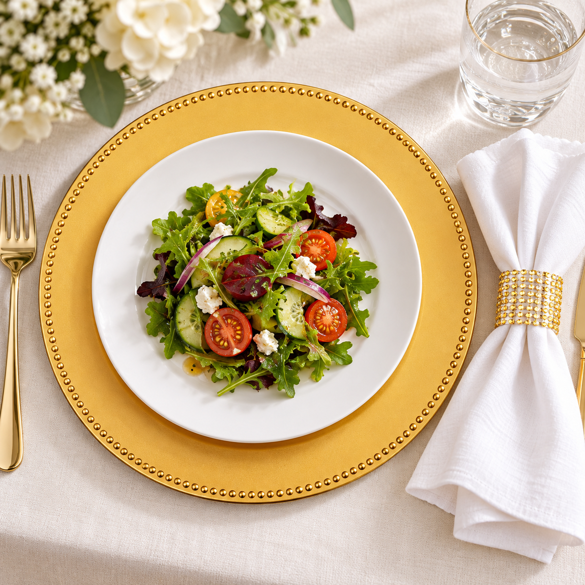 Gold beaded charger beneath a dinner plate with an open-mesh napkin ring in a close place setting. Dinner plates, napkins, food and extra decor are styling props, not included.
