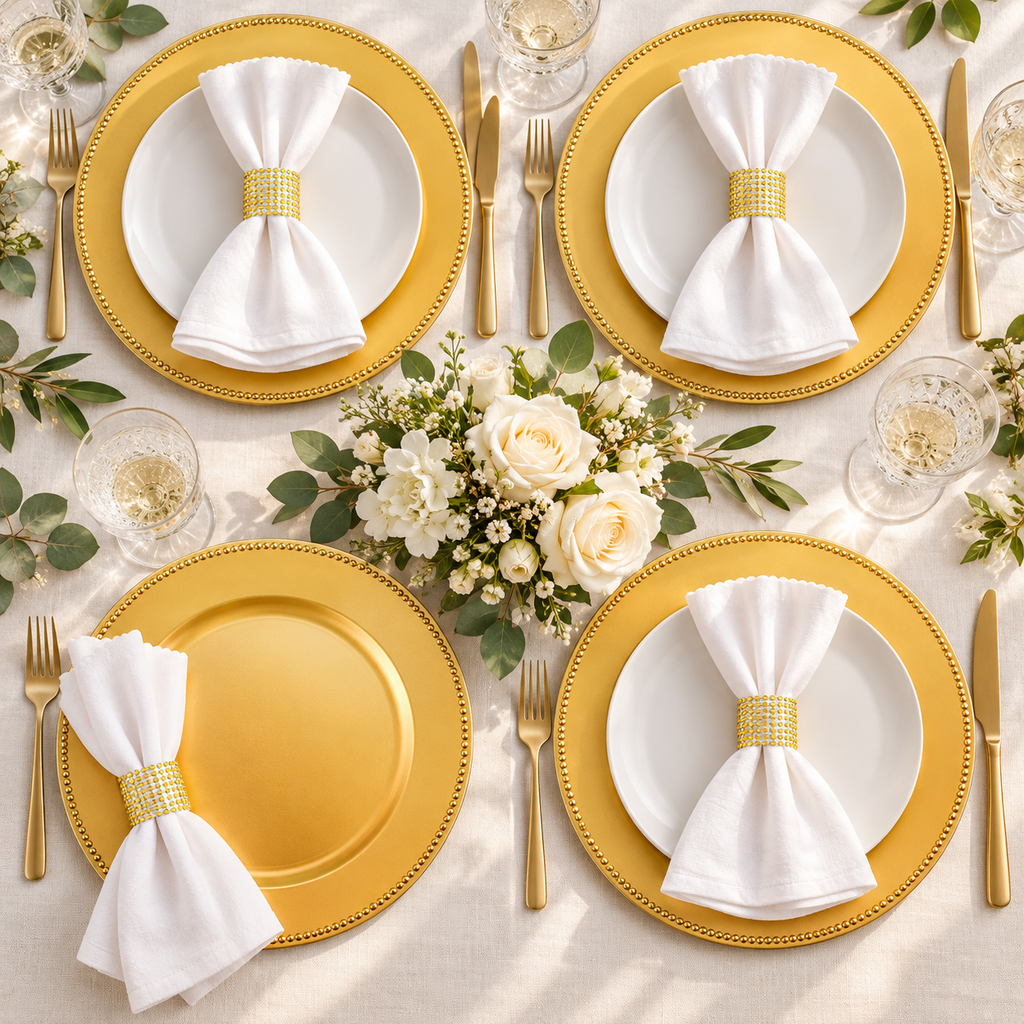 Overhead coordinated place settings with gold beaded plastic charger plates and open-mesh gold napkin rings. White dinner plates, napkins, cutlery, glassware and flowers are styling props, not included.